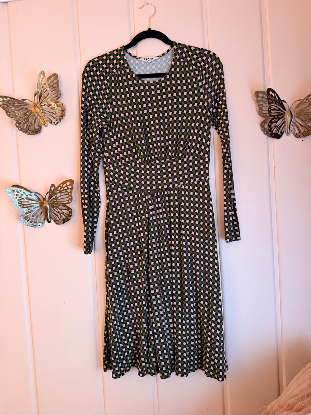 Boden Olive, Pink & Navy Geometric Long-Sleeve Midi Dress sz4R